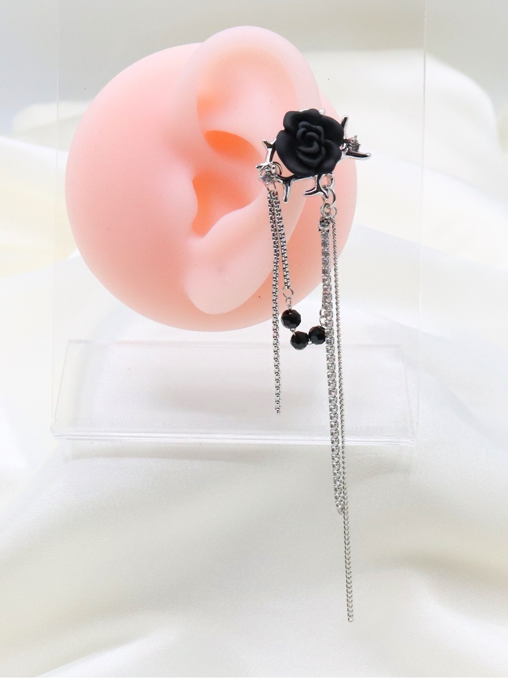 Black Rose Ear Cuff Dangle Earrings with Silver Chains